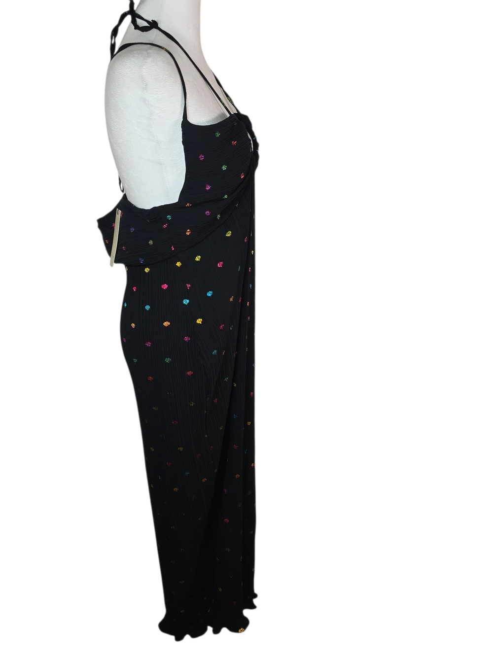 NWT Never Fully Dressed Megan Plissé Dress L Blk Metallic Polka Dot Maxi Halter - Picture 7 of 15
